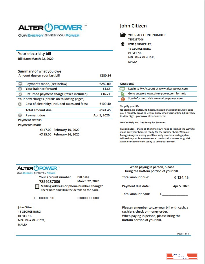 Malta AlterPower Malta proof of address utility bill template in Word and PDF format